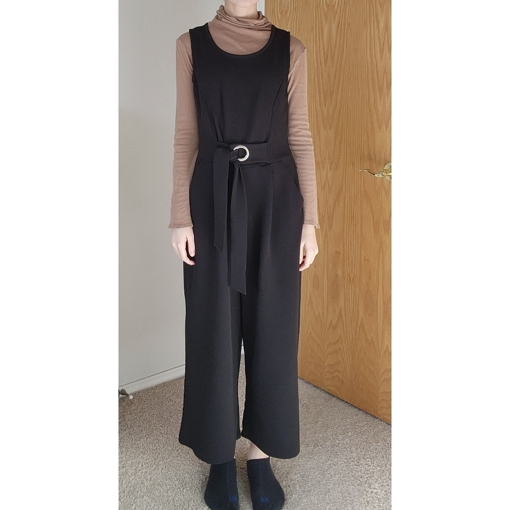 Romeo & Juliet Couture Black Waffle Knit Silver Buckle Tie Waist Jumpsuit L